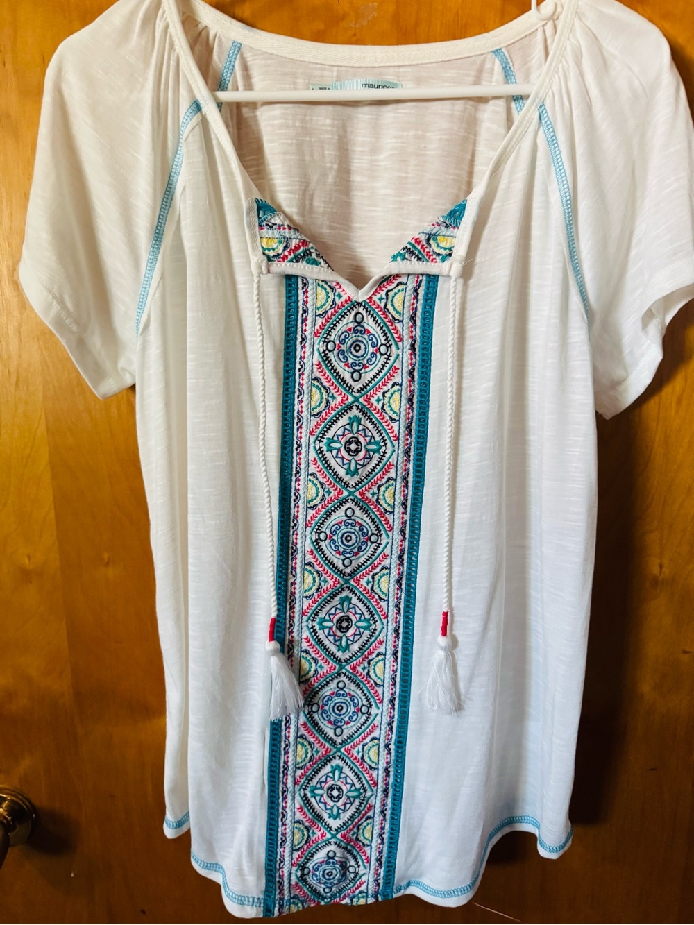 Maurices White Embroidered Boho Tunic with Teal Trim